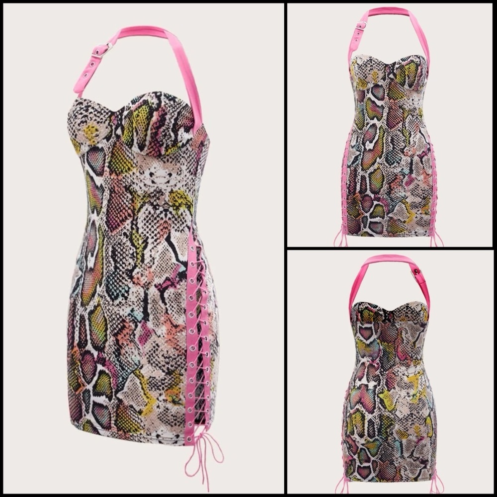 Multicolor Snakeskin Python Snake Print Halter Caged Party Cocktail Dress - Picture 4 of 12